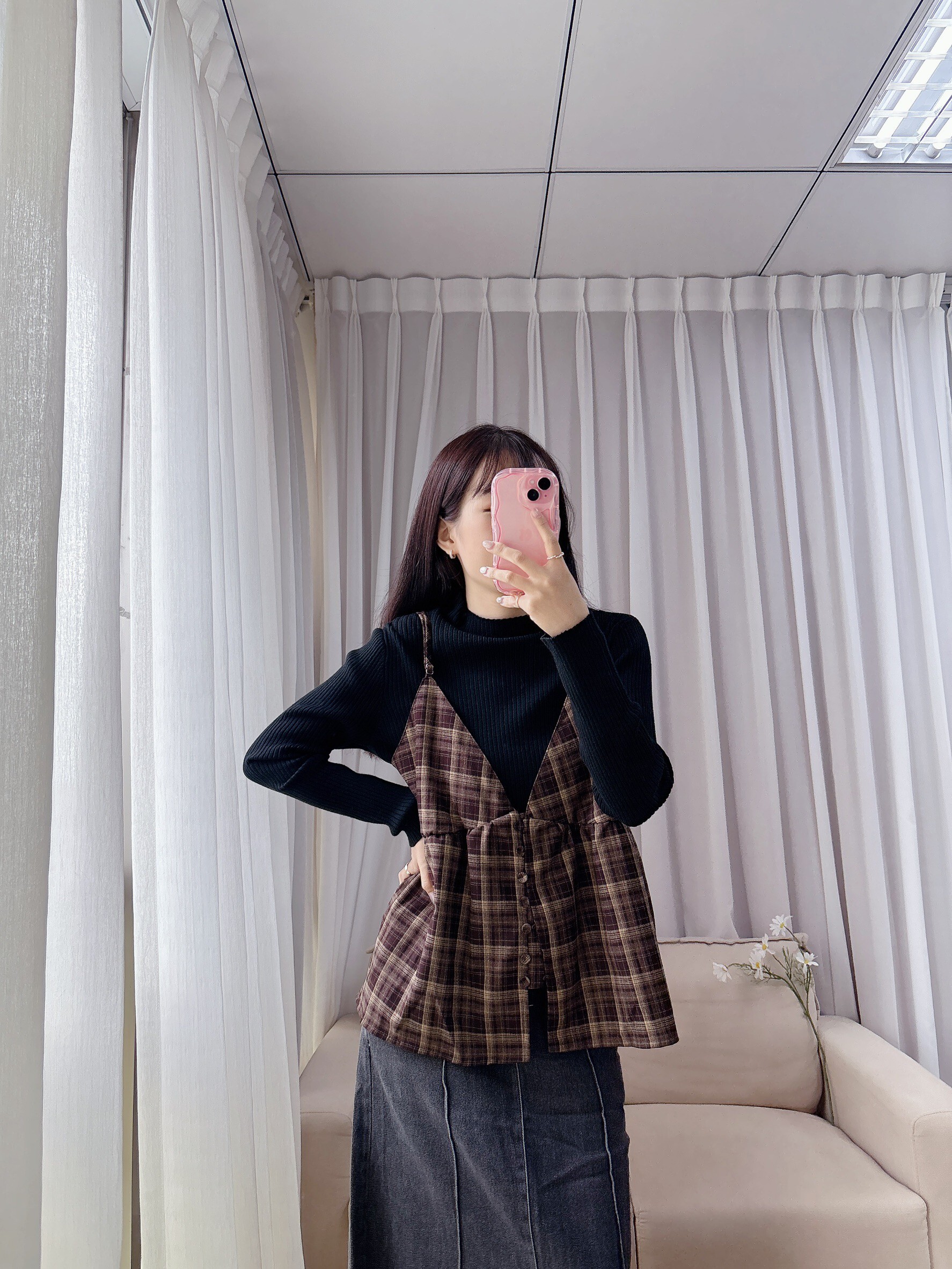 前排釦格紋毛呢小背心