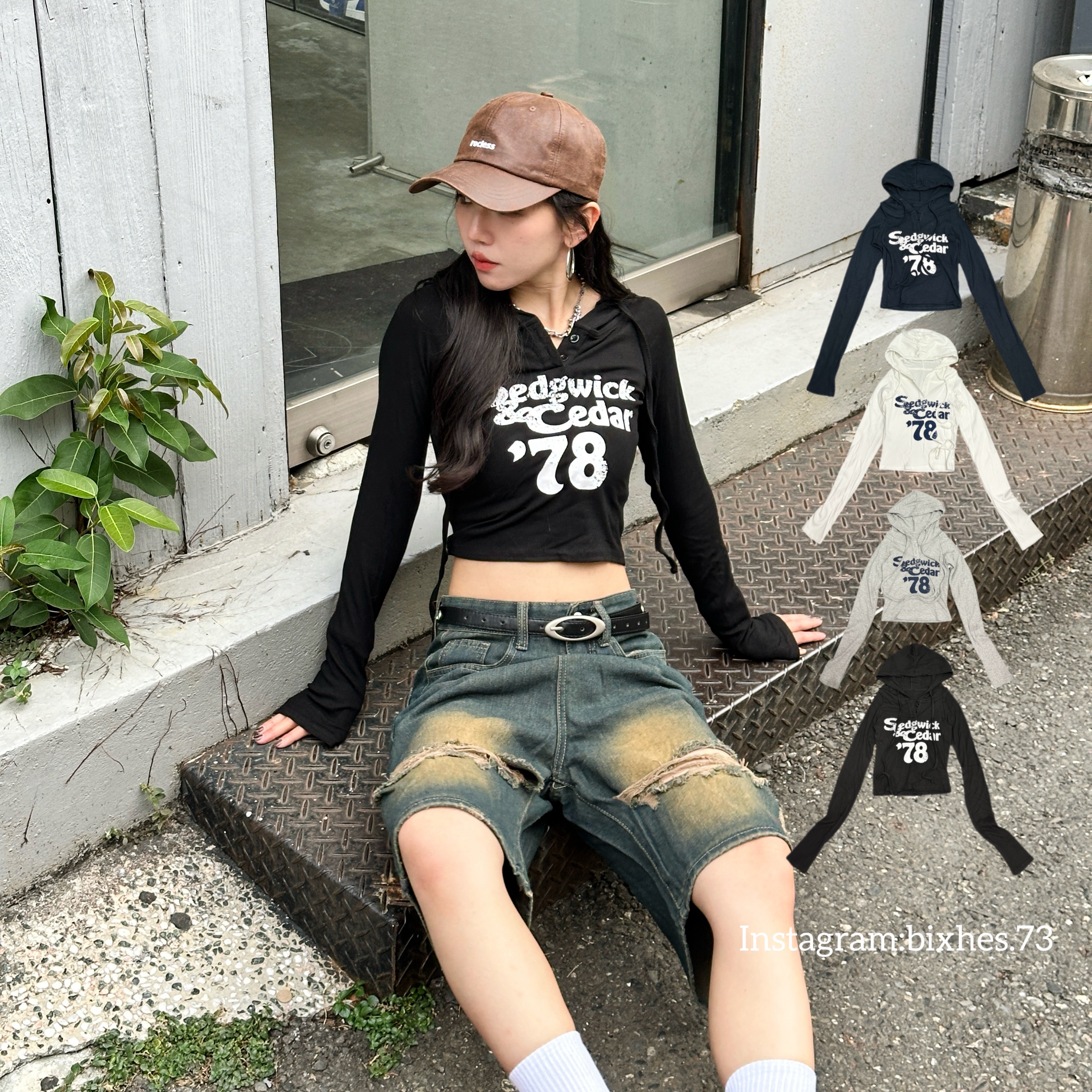 連帽字母短版長T(B00028)