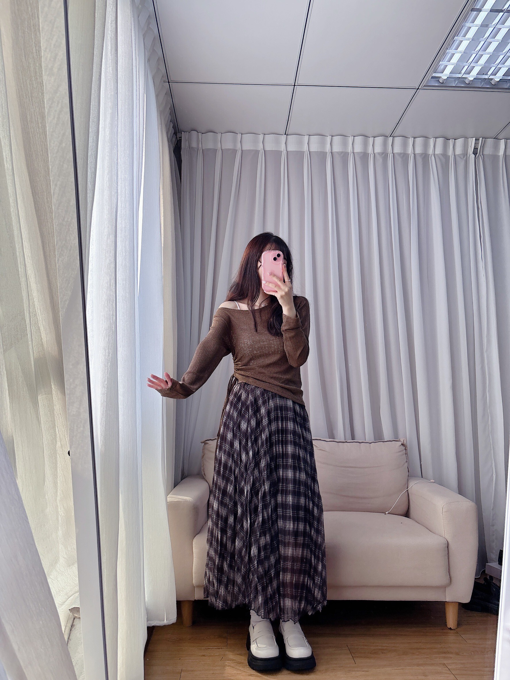 格紋飄逸鬆緊長裙