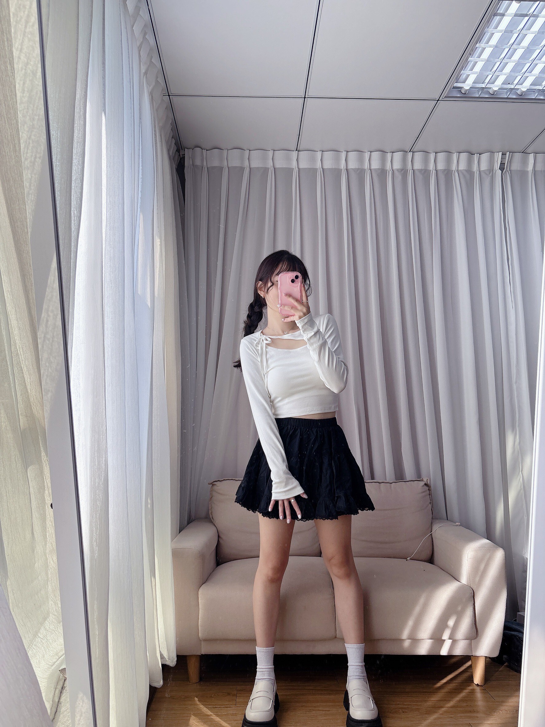 斜綁帶素面長袖衣