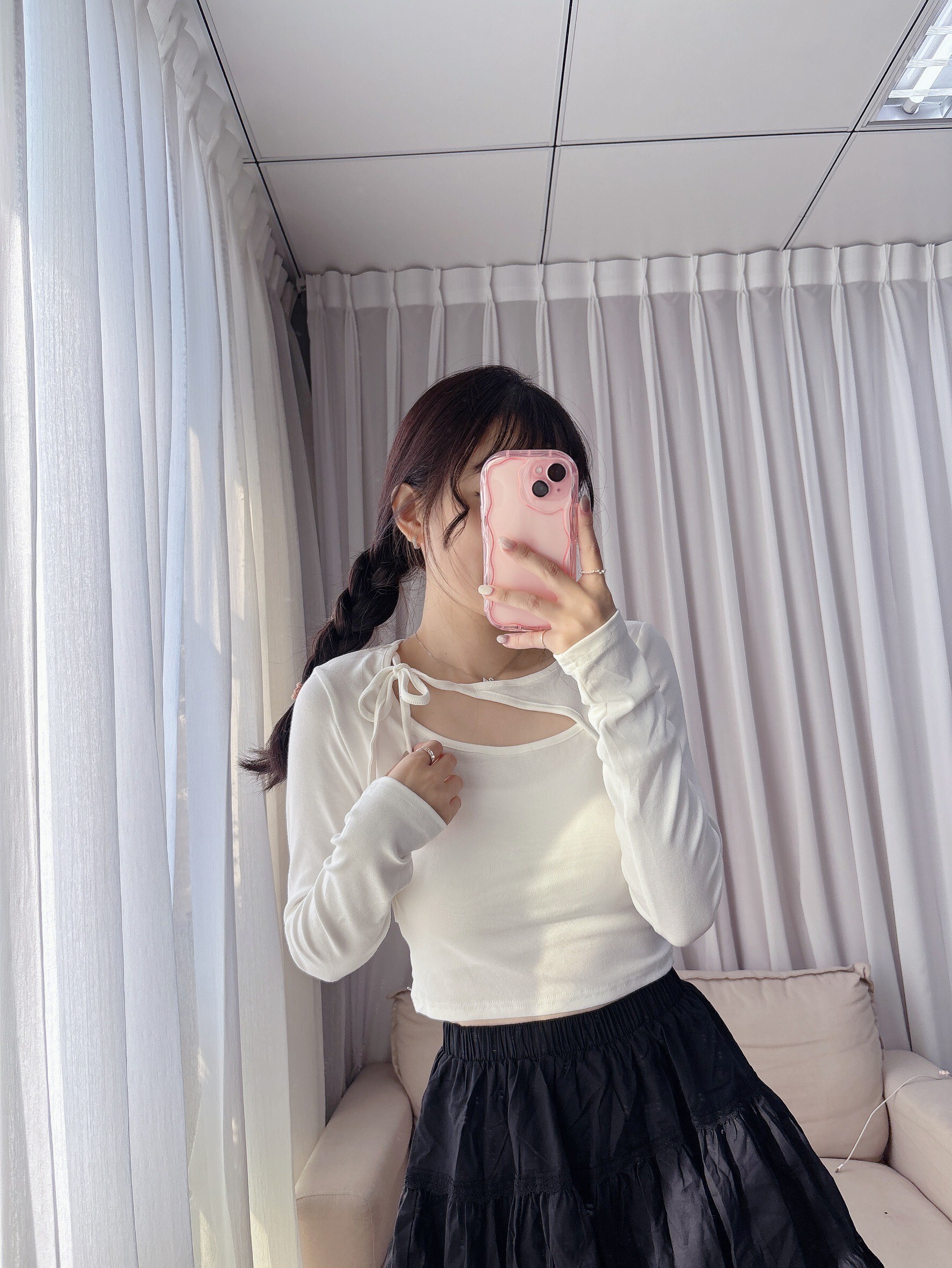 斜綁帶素面長袖衣