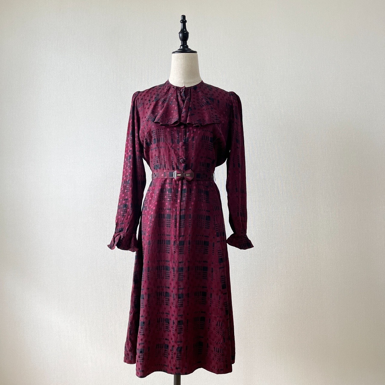 酒紅色幾何圖案古著連身裙