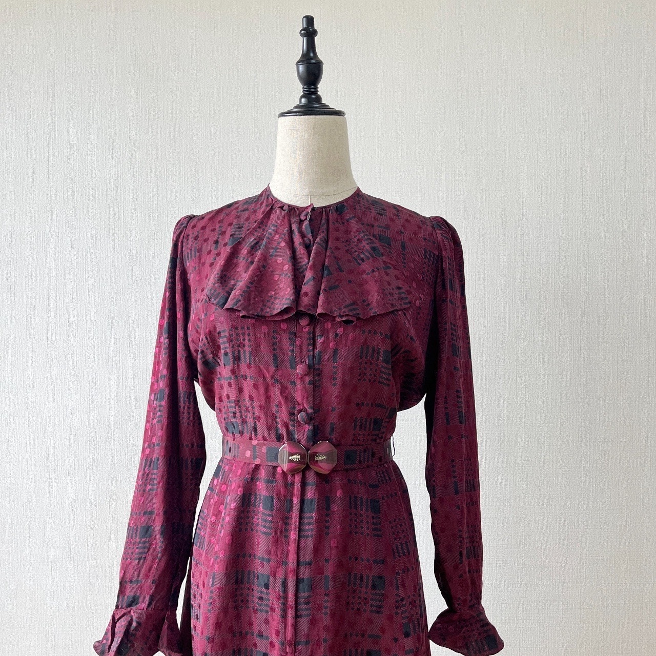 酒紅色幾何圖案古著連身裙