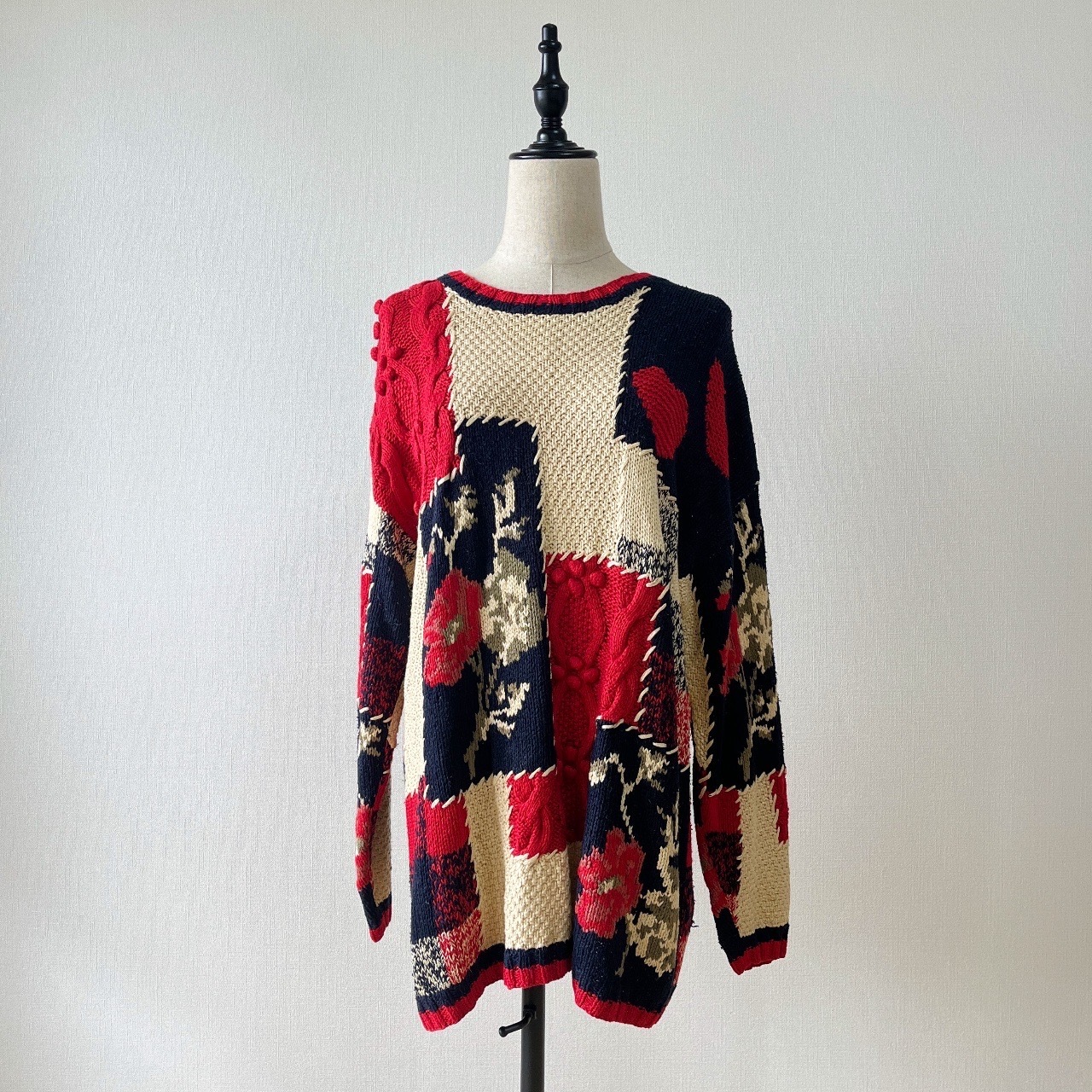 香港製Oversized拼接風格花花毛衣