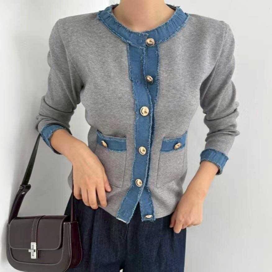 【氣質美人必備小香風牛仔滾邊針織外套 】（現貨）