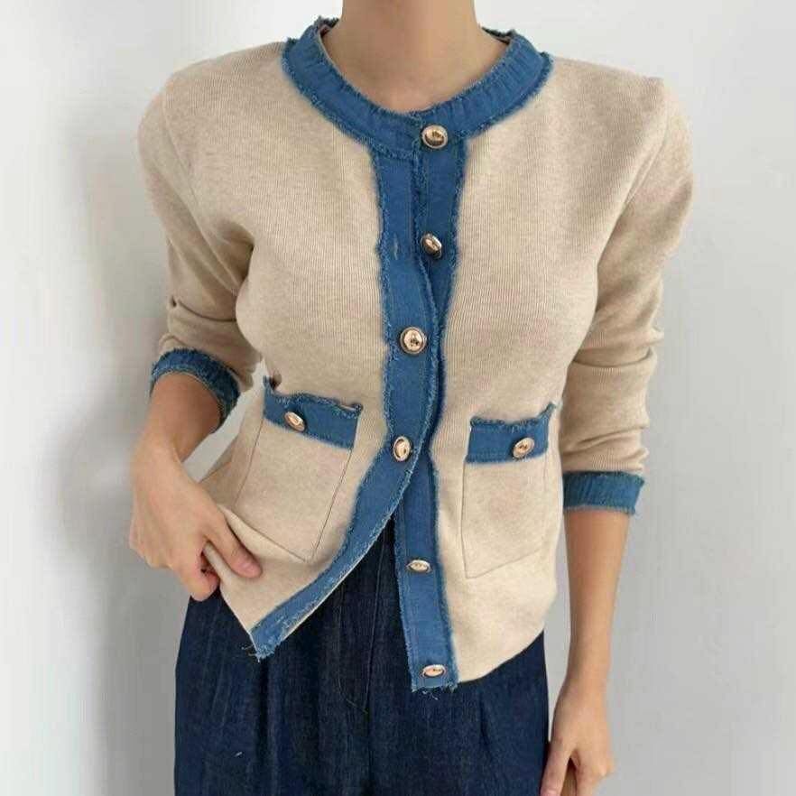 【氣質美人必備小香風牛仔滾邊針織外套 】（現貨）