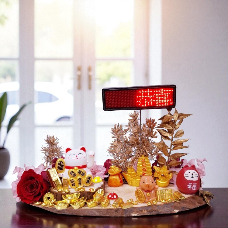 招財貓手會動開幕送花可放名片,名片座,永生花開幕禮物,祝賀文字跑馬燈,原木名片座,開幕實用禮物,開幕花禮,桃園開幕桌上花禮,