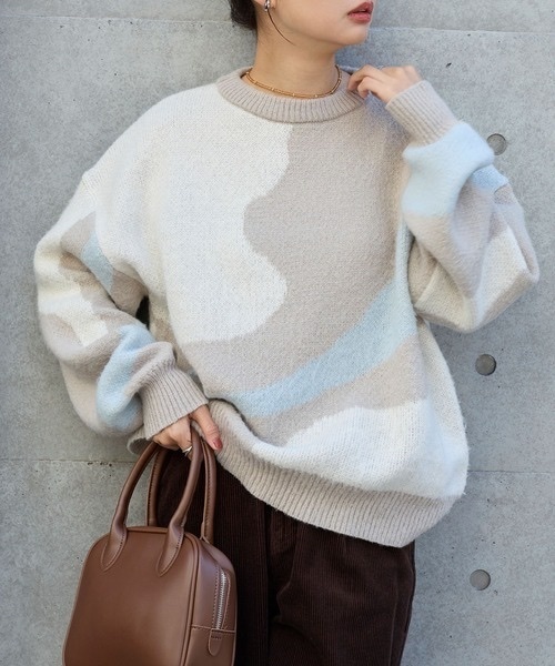 MONO-MART / Marble Print Oversized Crew Neck Knit