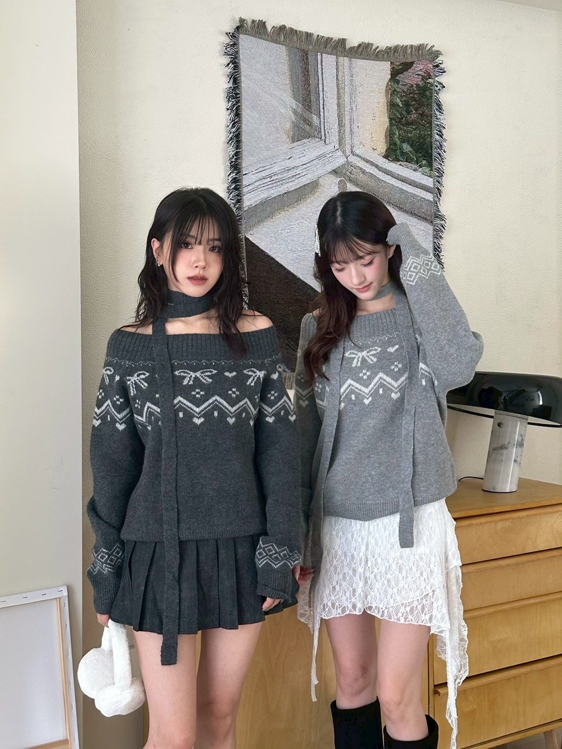 費爾島一字領毛衣附飄帶