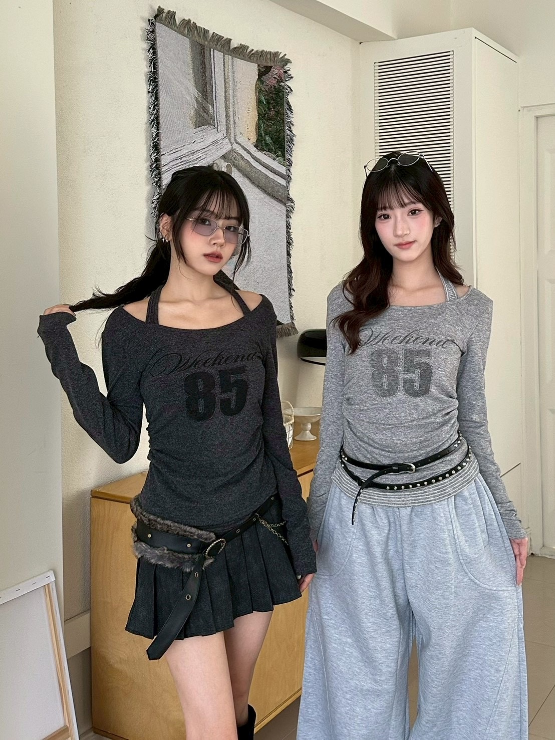 拼接條紋假兩件長T