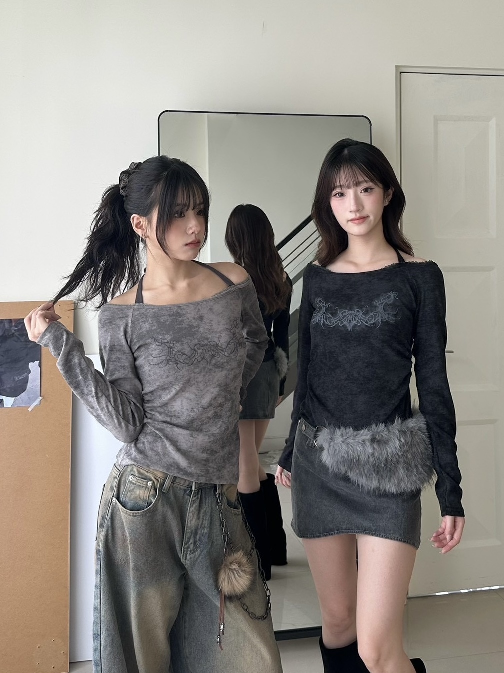 復古水洗感綁繩小抓褶印花長T