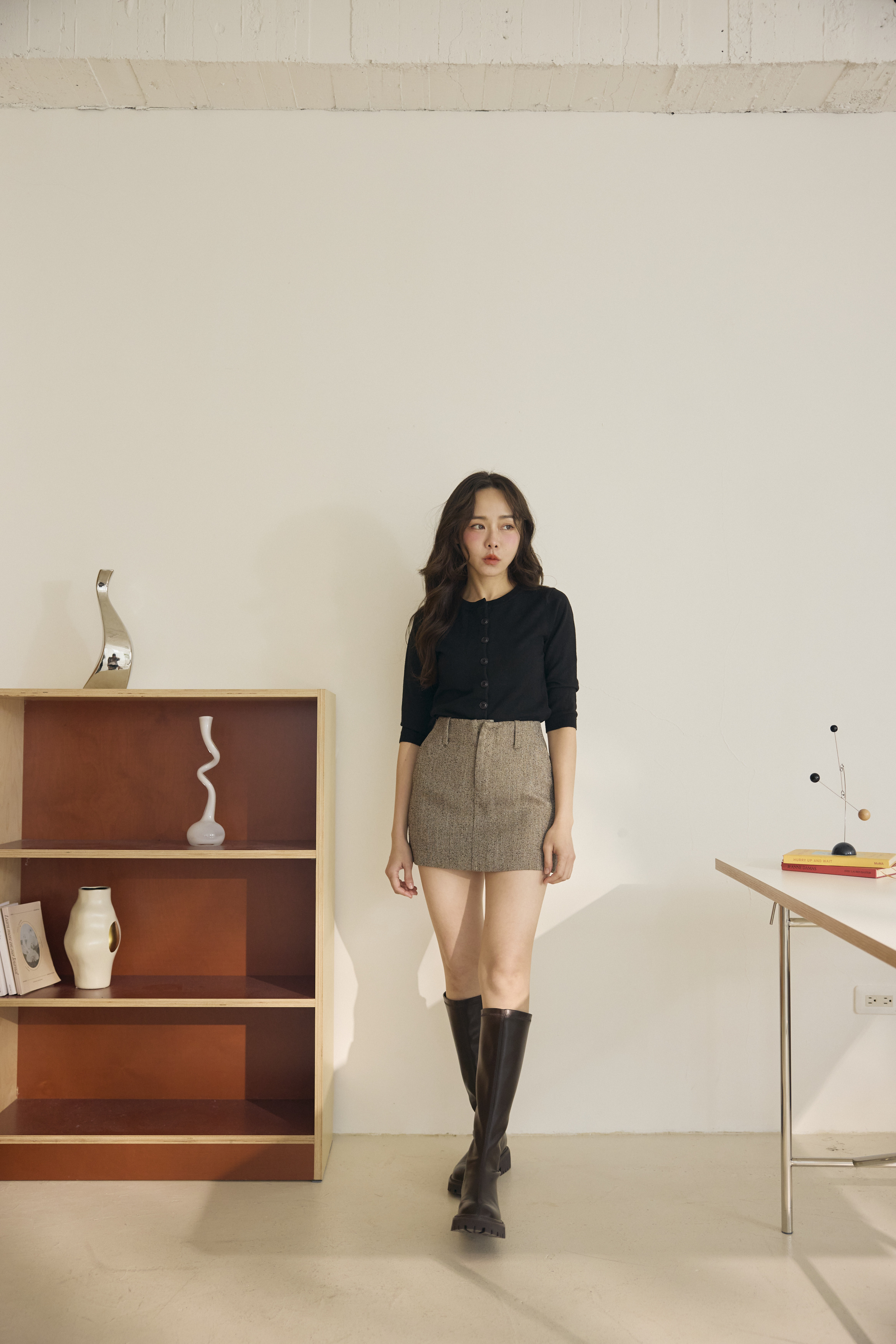 七分袖排扣針織-黑