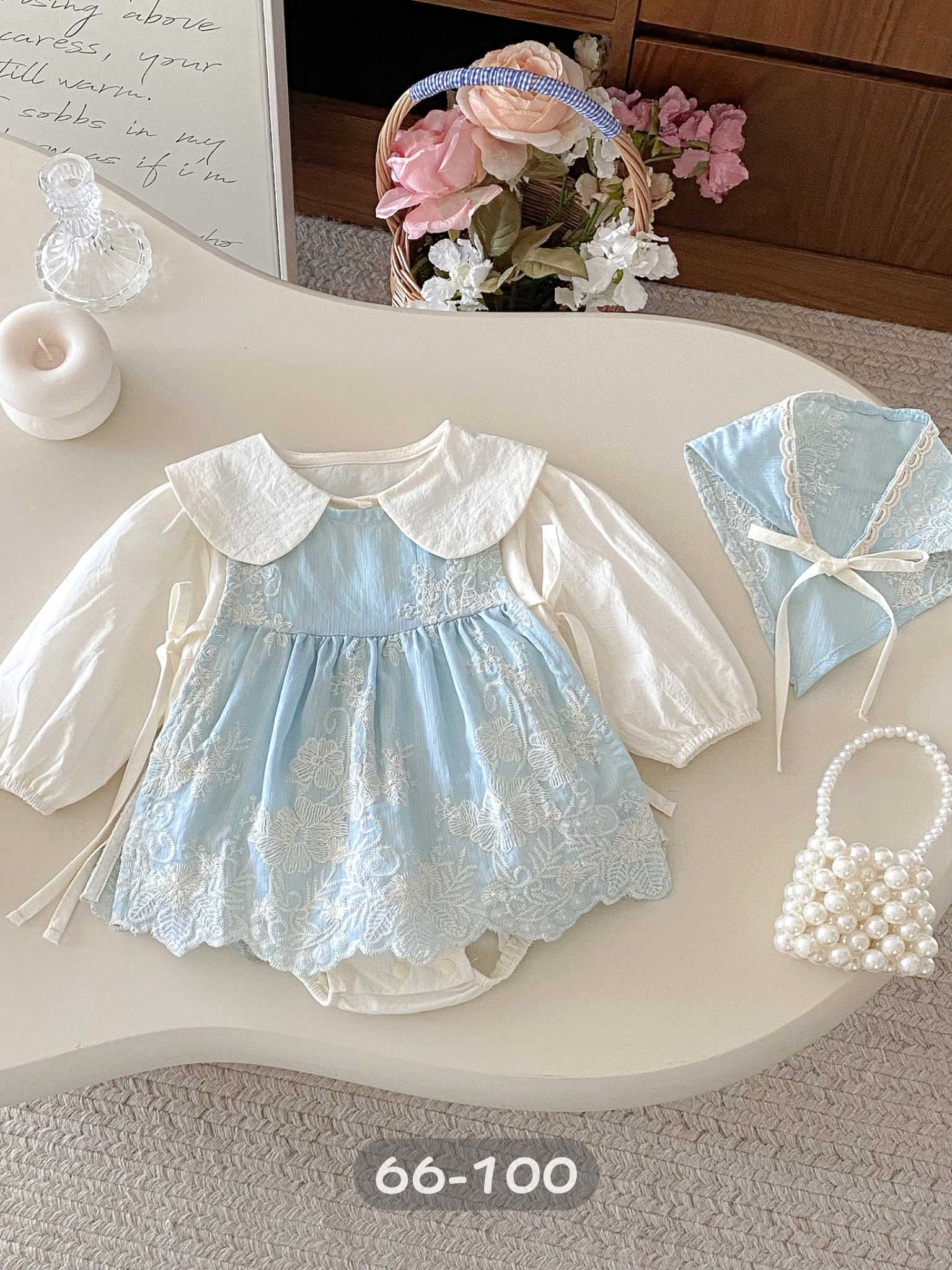 淺藍刺繡花 長袖包屁裙3件組