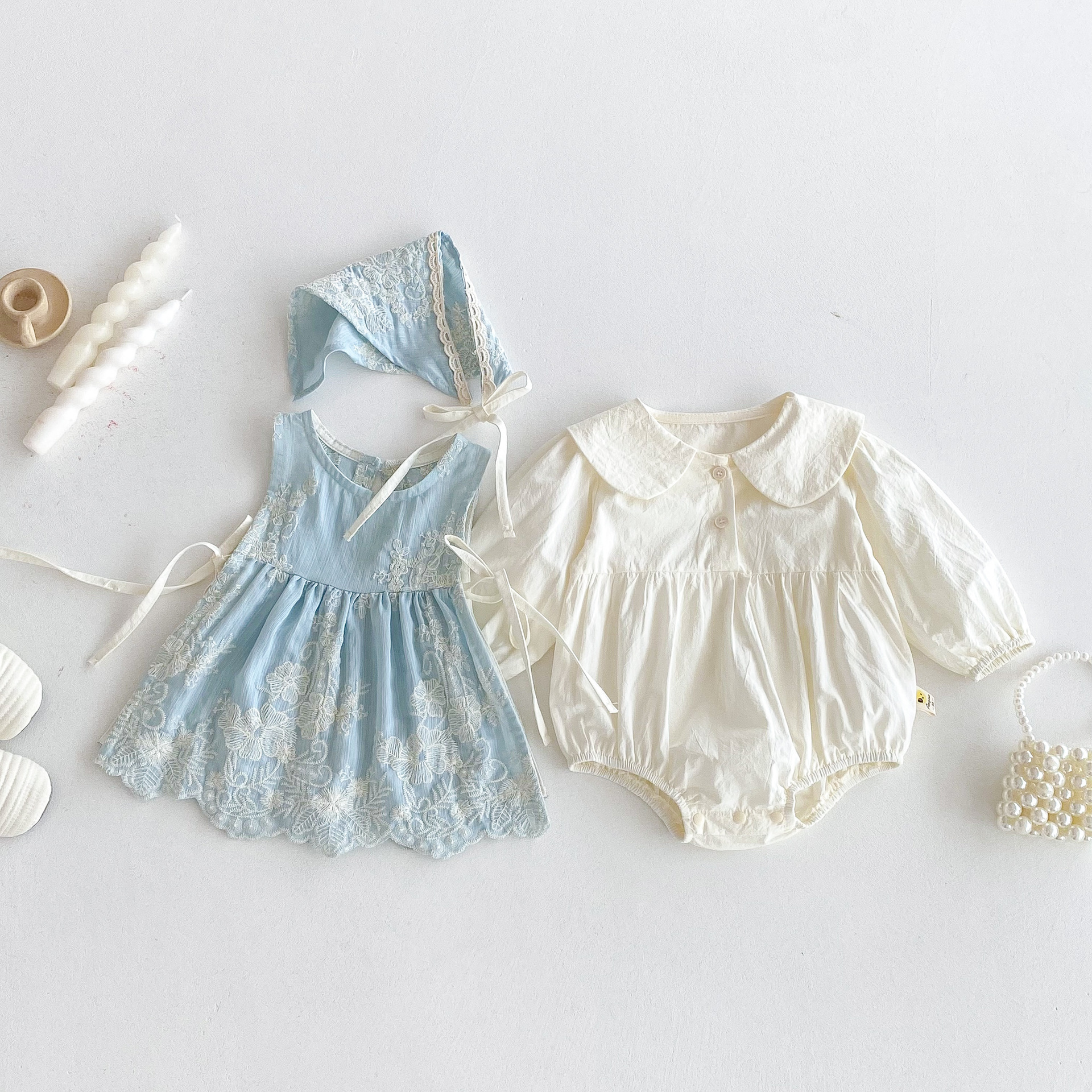 淺藍刺繡花 長袖包屁裙3件組