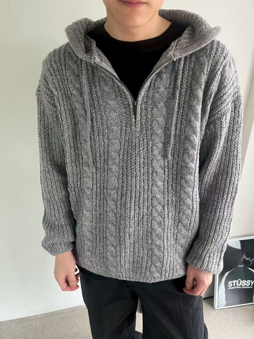 淨色暗紋連帽針織衫 ENOC-044T