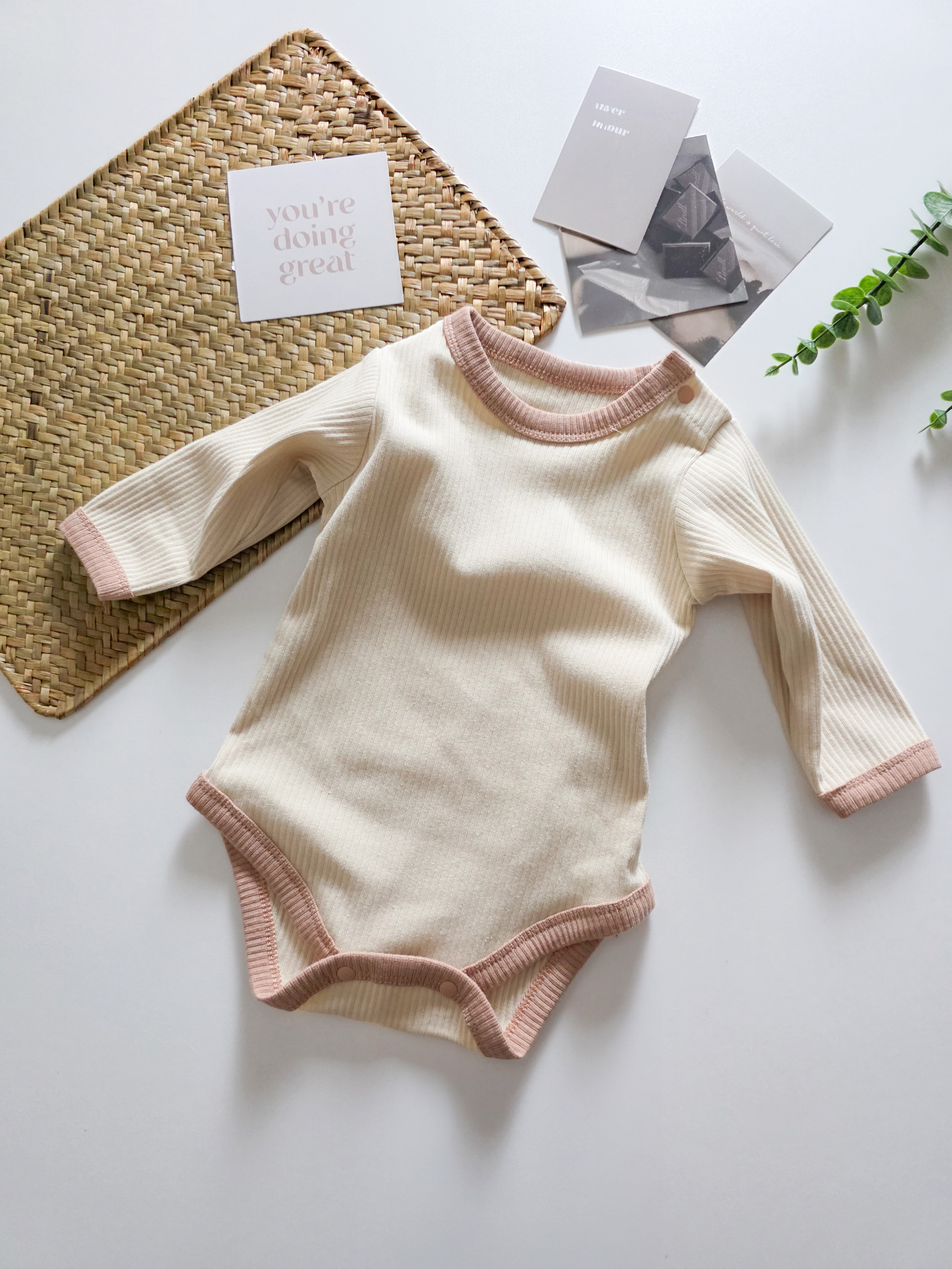 撞色螺紋 長袖包屁衣