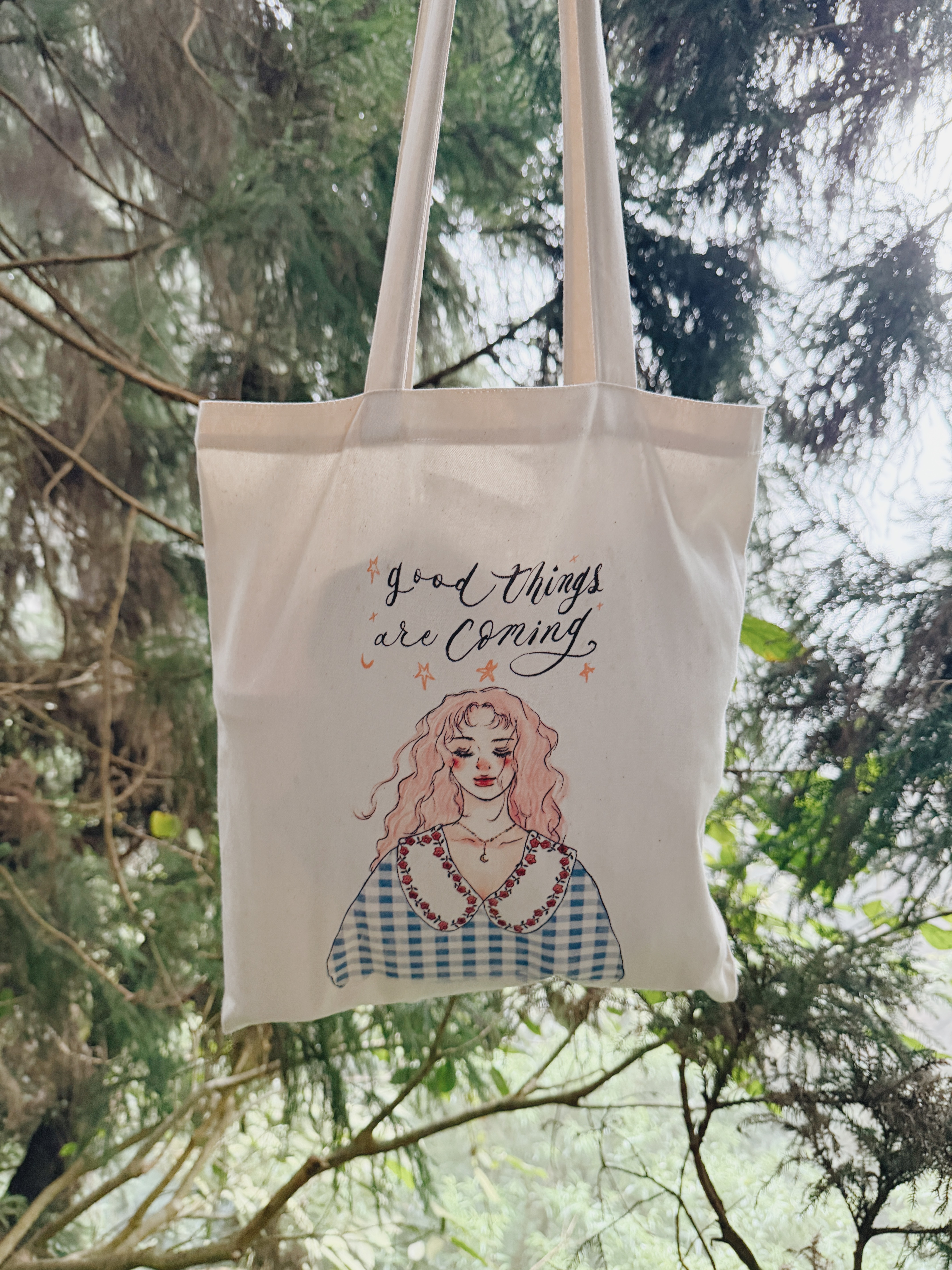 美好的事即將發生 藍格子女孩 肩背帆布袋｜甜蜜生活