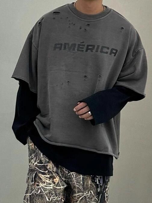 破洞英文字短袖Tee PURE-186T