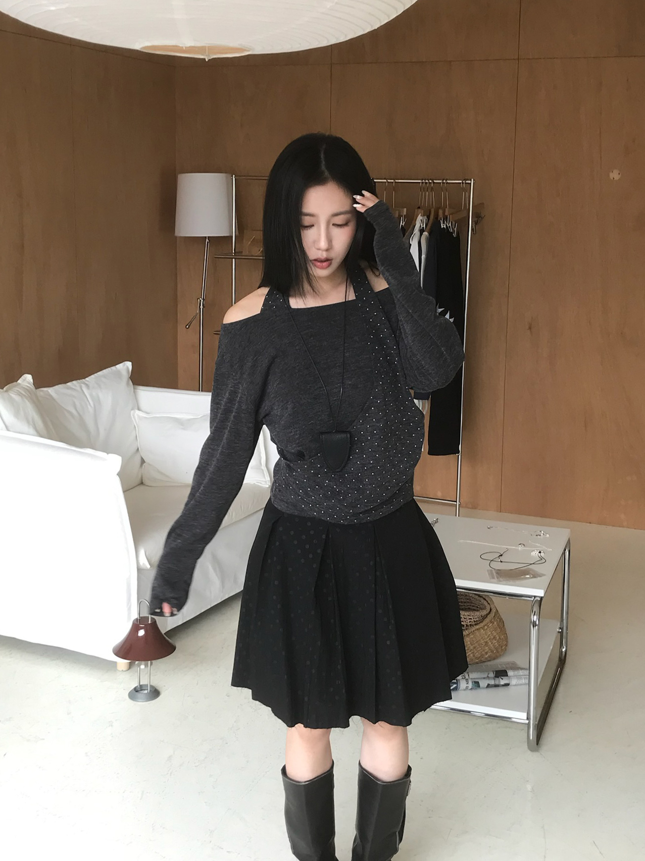 Dot Drape Layered Knit Top #上衣
