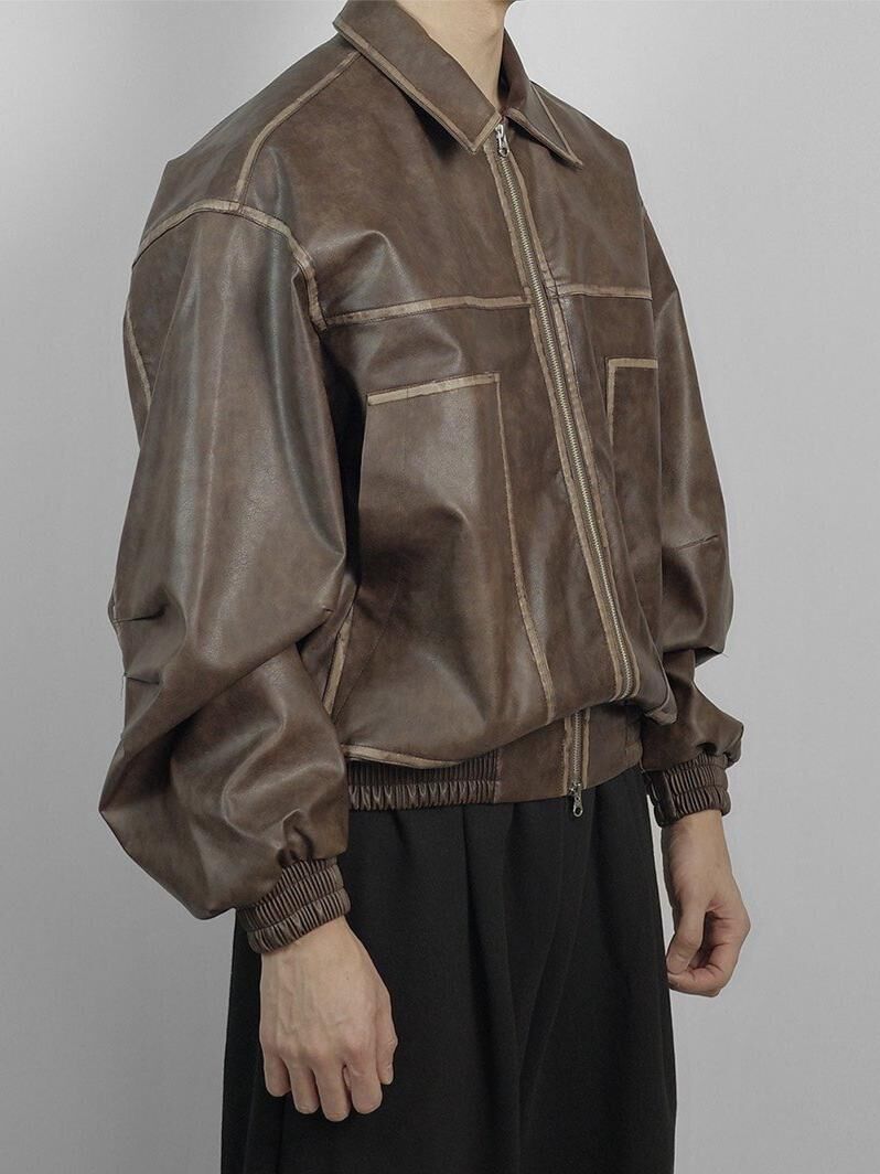 反領拉鍊合成皮褸 Lowell-081JK