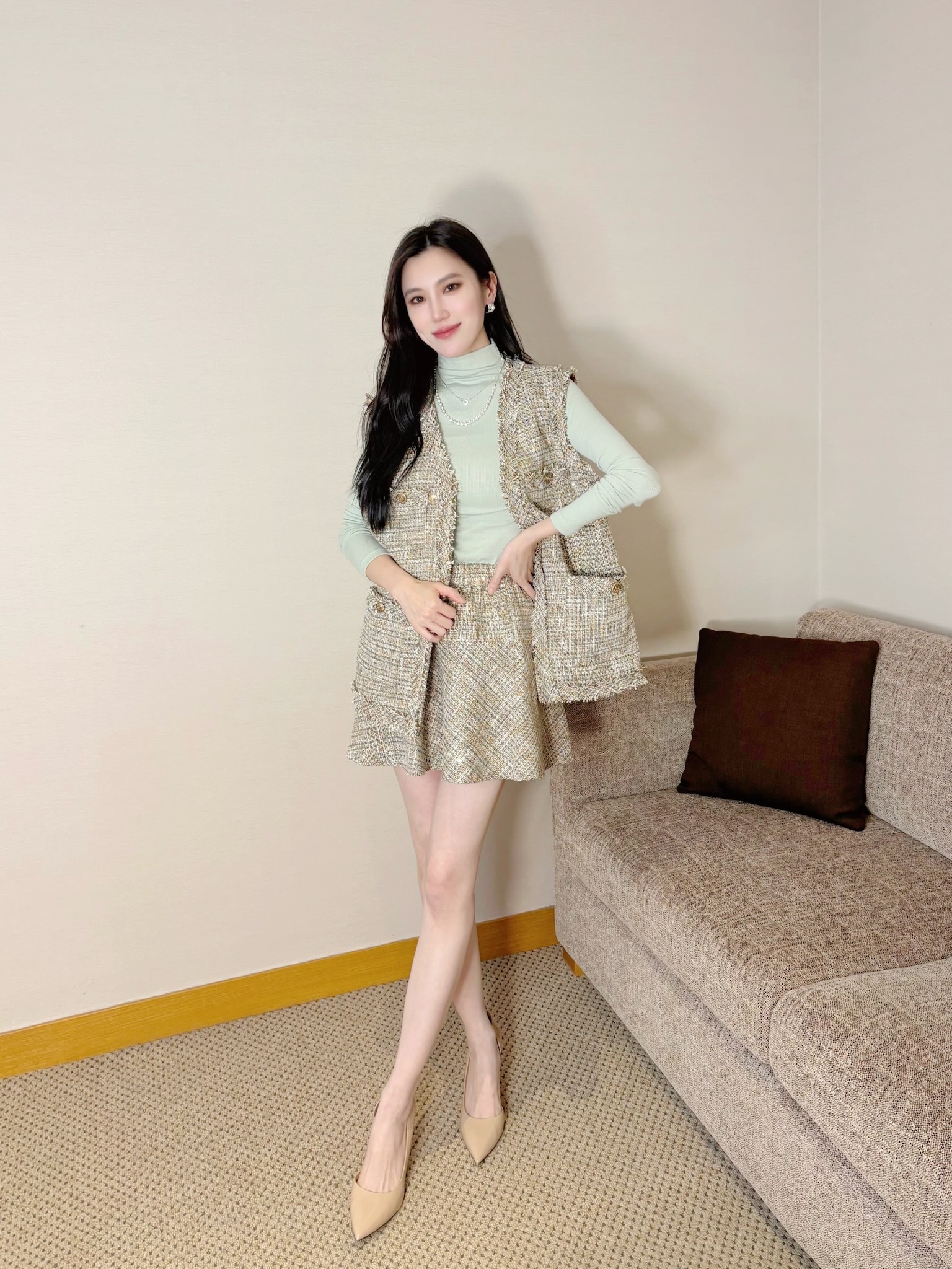 (千金感)小香風細閃毛呢背心短裙套裝