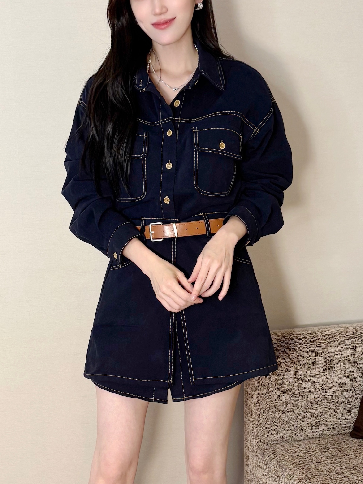 時髦縫線腰帶牛仔洋(附片裙)