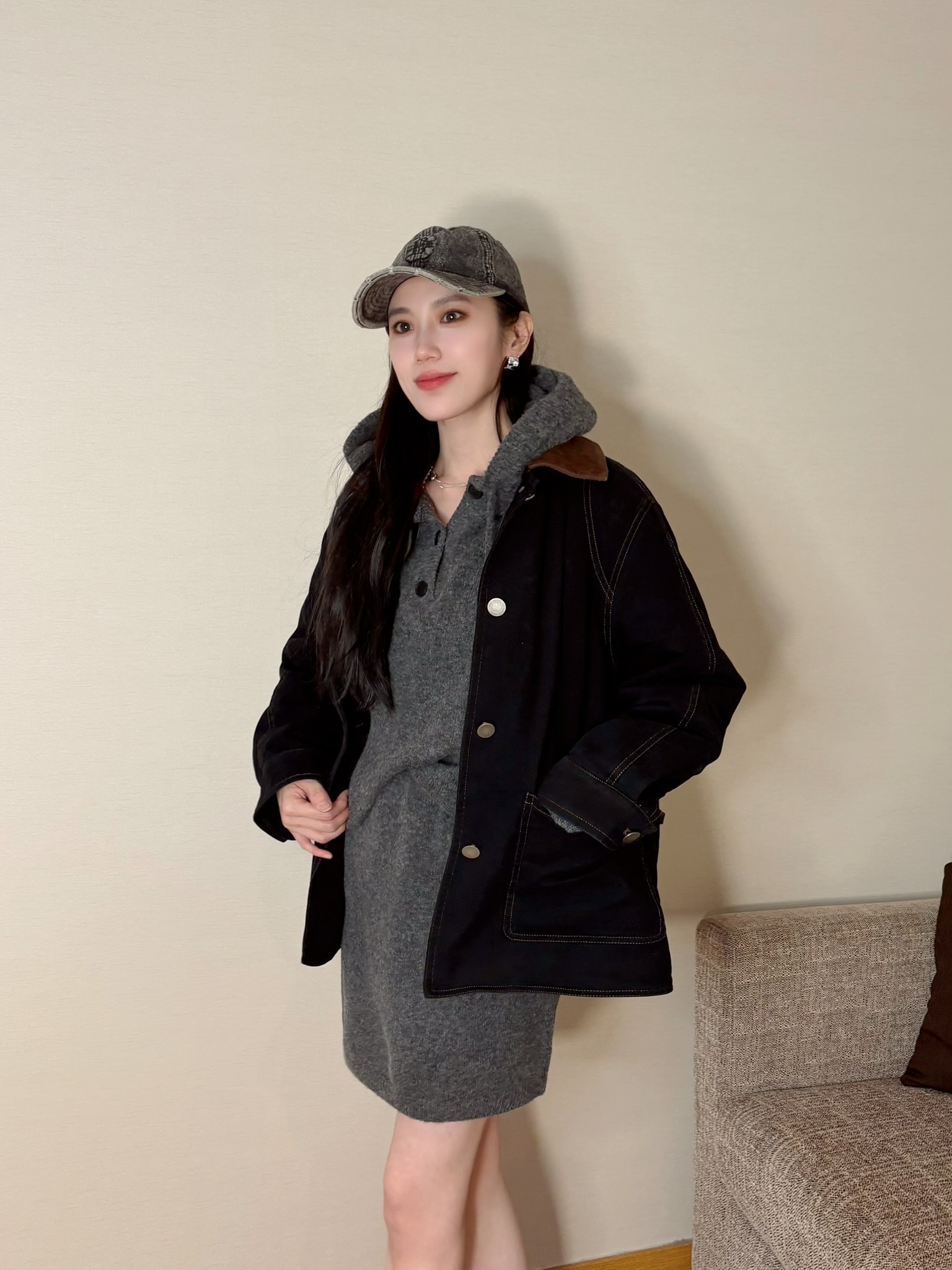 絨面領鋪棉男友外套