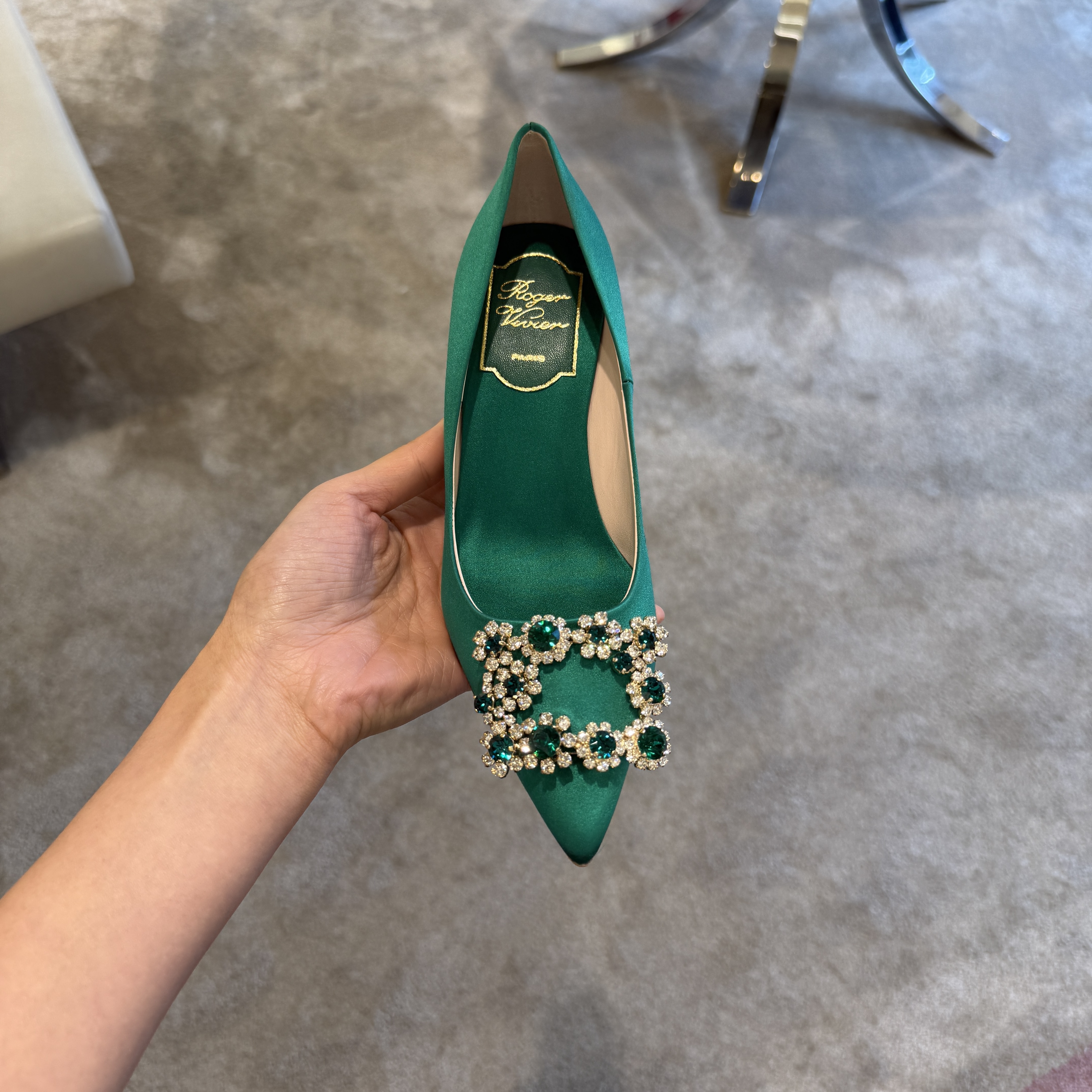 Roger Vivier RV bouquet Flower strass heels satin emerald green