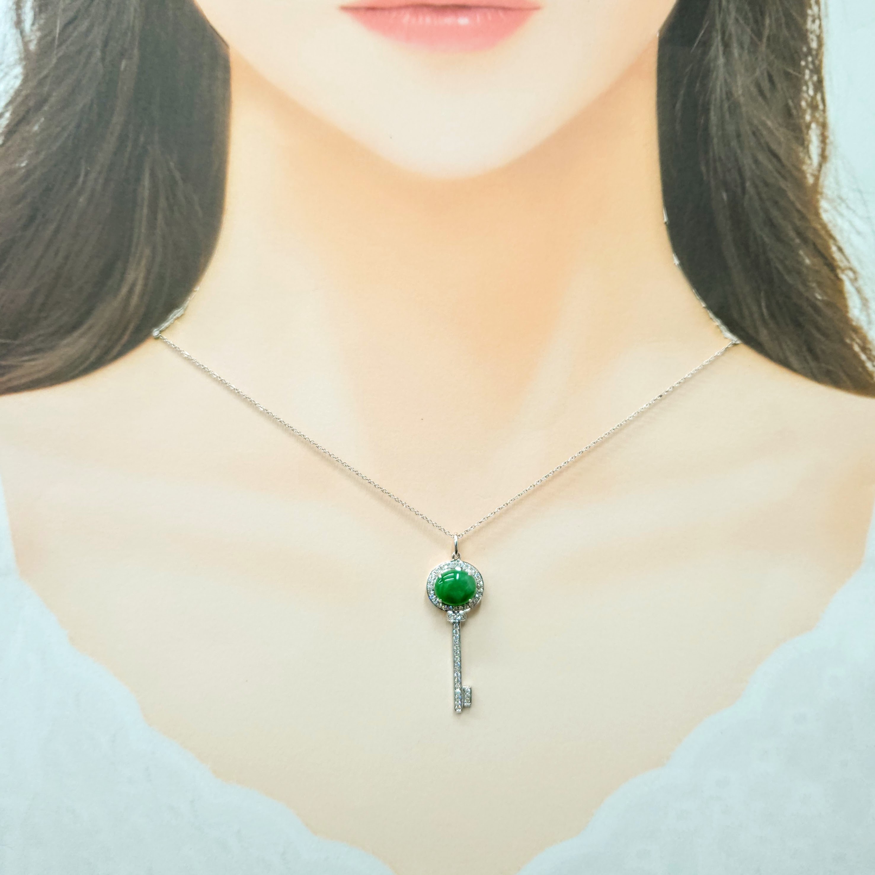 18K White Gold Jade and 0.25ct Diamond Pendant