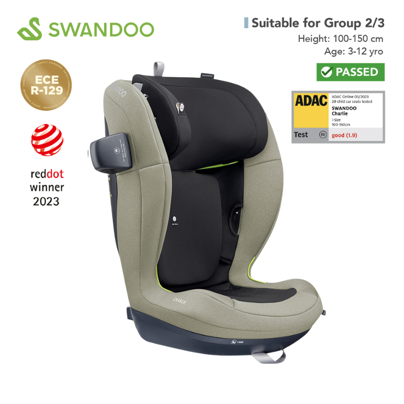 Swandoo - Charlie i-Size 增高型兒童安全座椅 (R129 & CCC 安全標準)(適合約3-12歲/身高100-150cm) (鼠尾草綠)