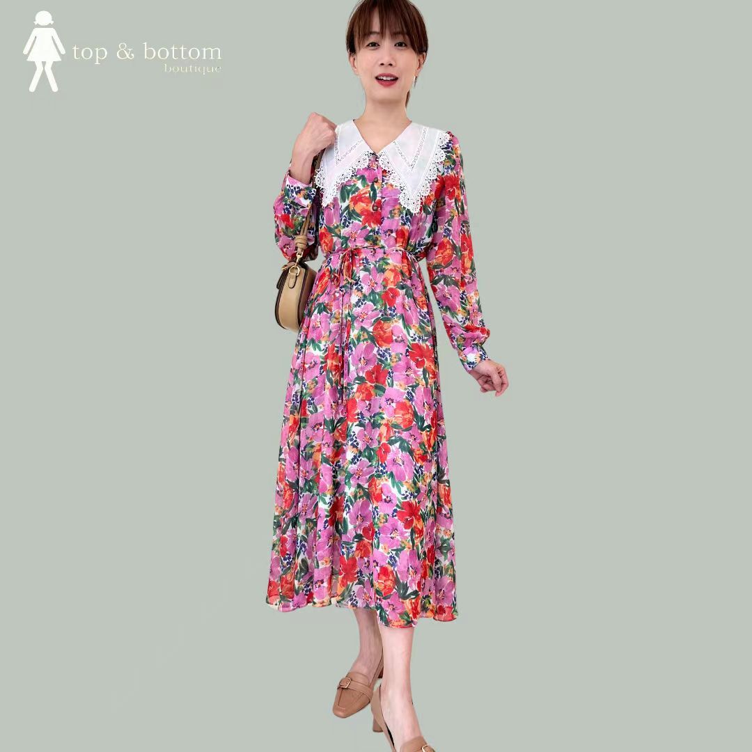 LONG SLEEVE COLLARED FLORAL LONG DRESS