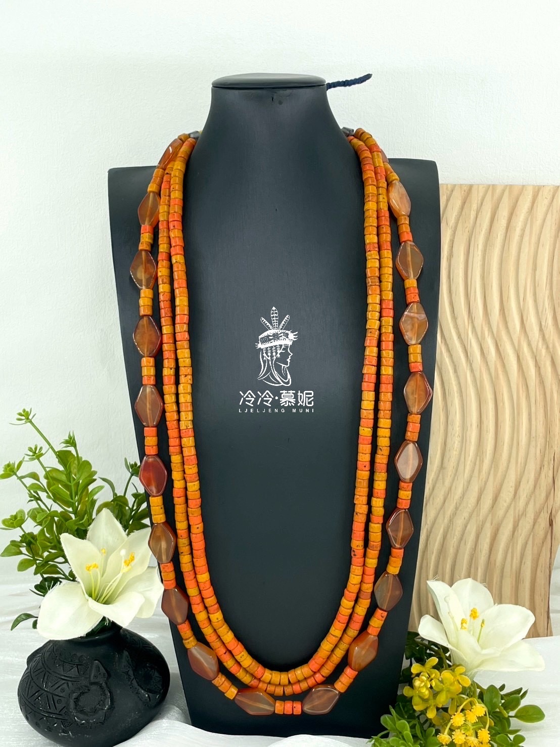 W-No.16傳統做舊橘珠瑪瑙三條式複串長鍊80cm