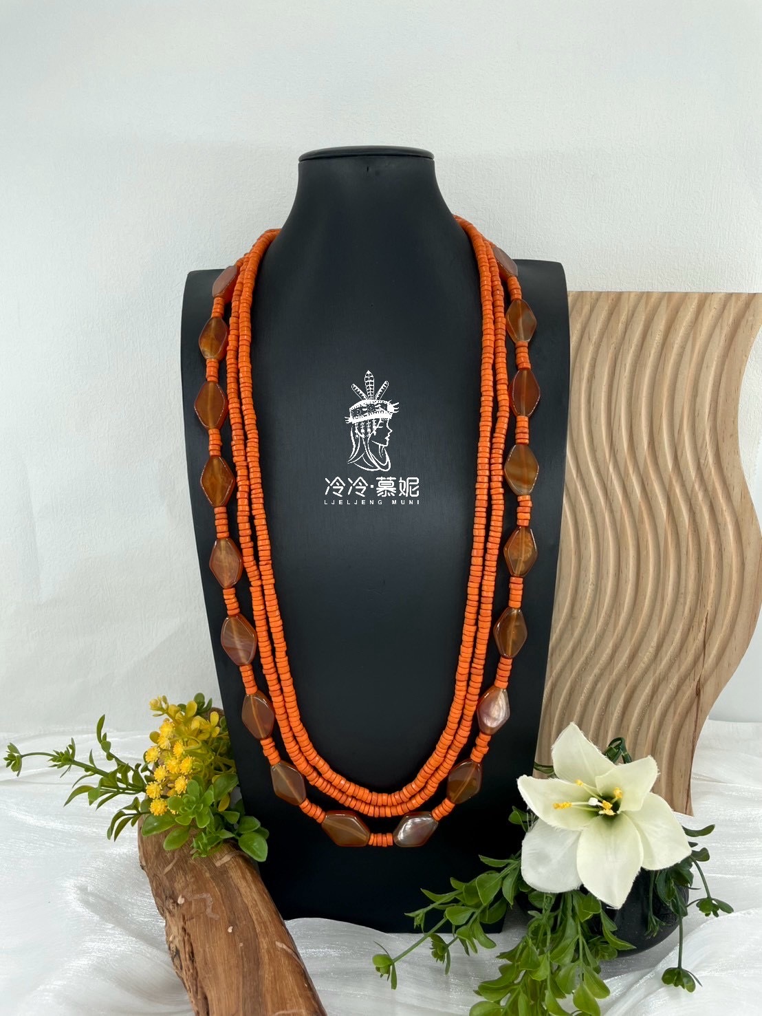 W-No.17傳統做舊扁橘珠瑪瑙三條式複串長鍊80cm