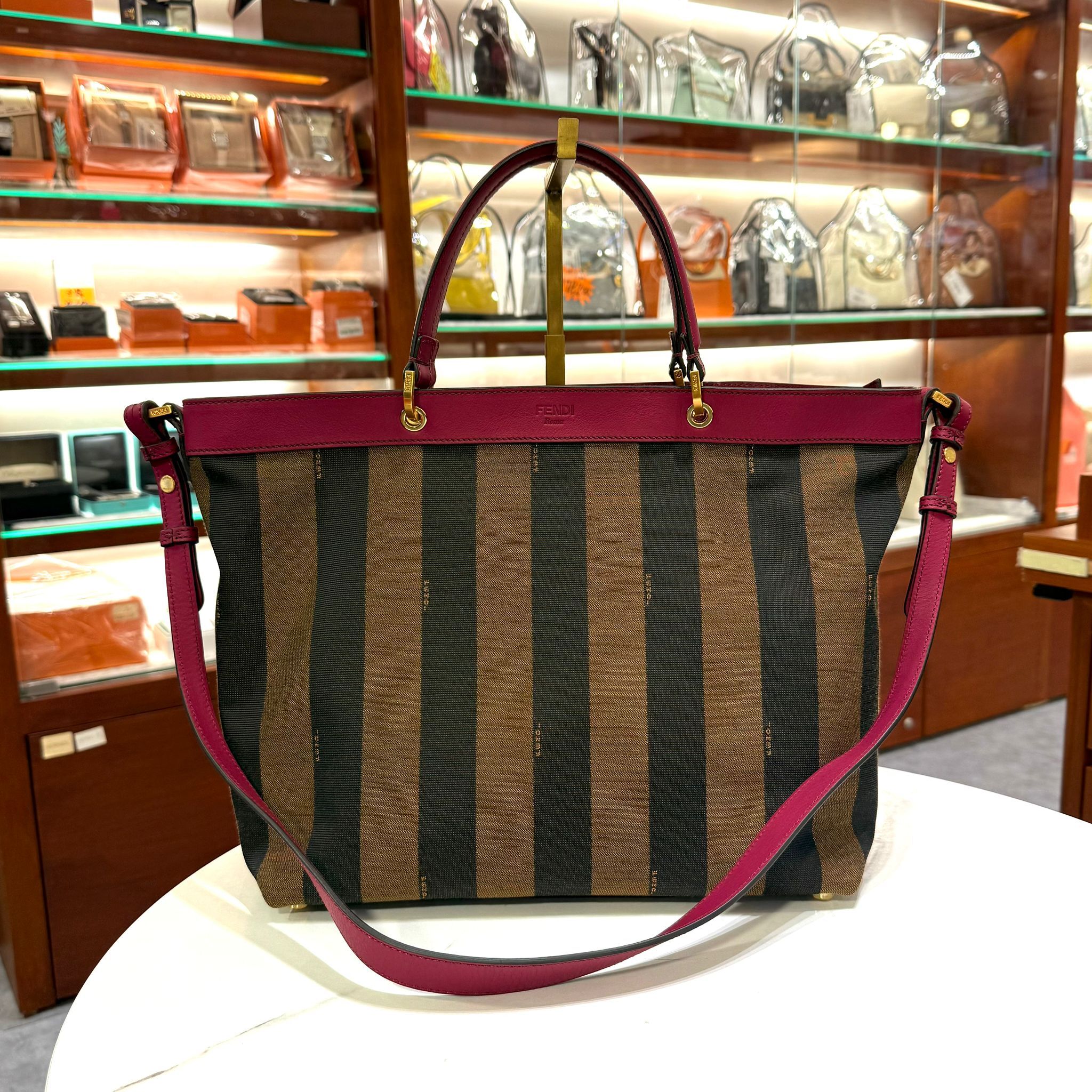 全新Fendi Pequin TOTE BAG 黑啡條紋帆布/皮革 8BN254 #兩年免費保養 #BRAND NEW #香榭站正品