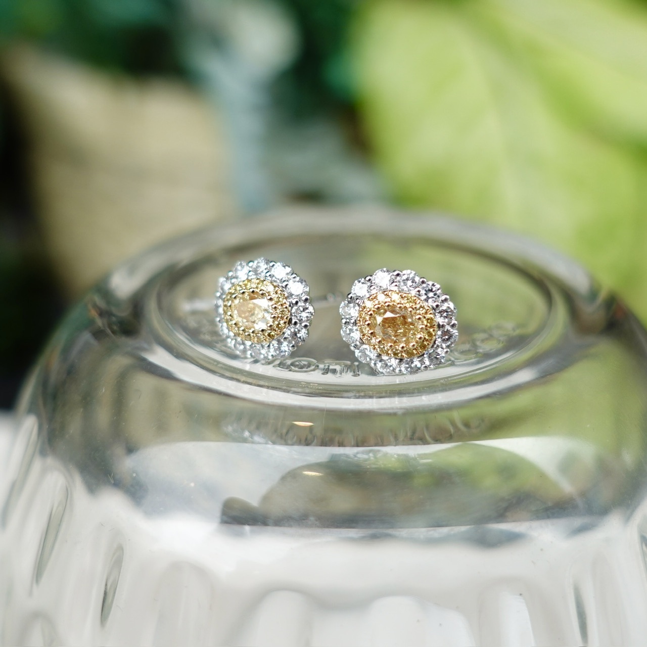 18K金天然彩黃鑽耳釘 -橢圓形切割