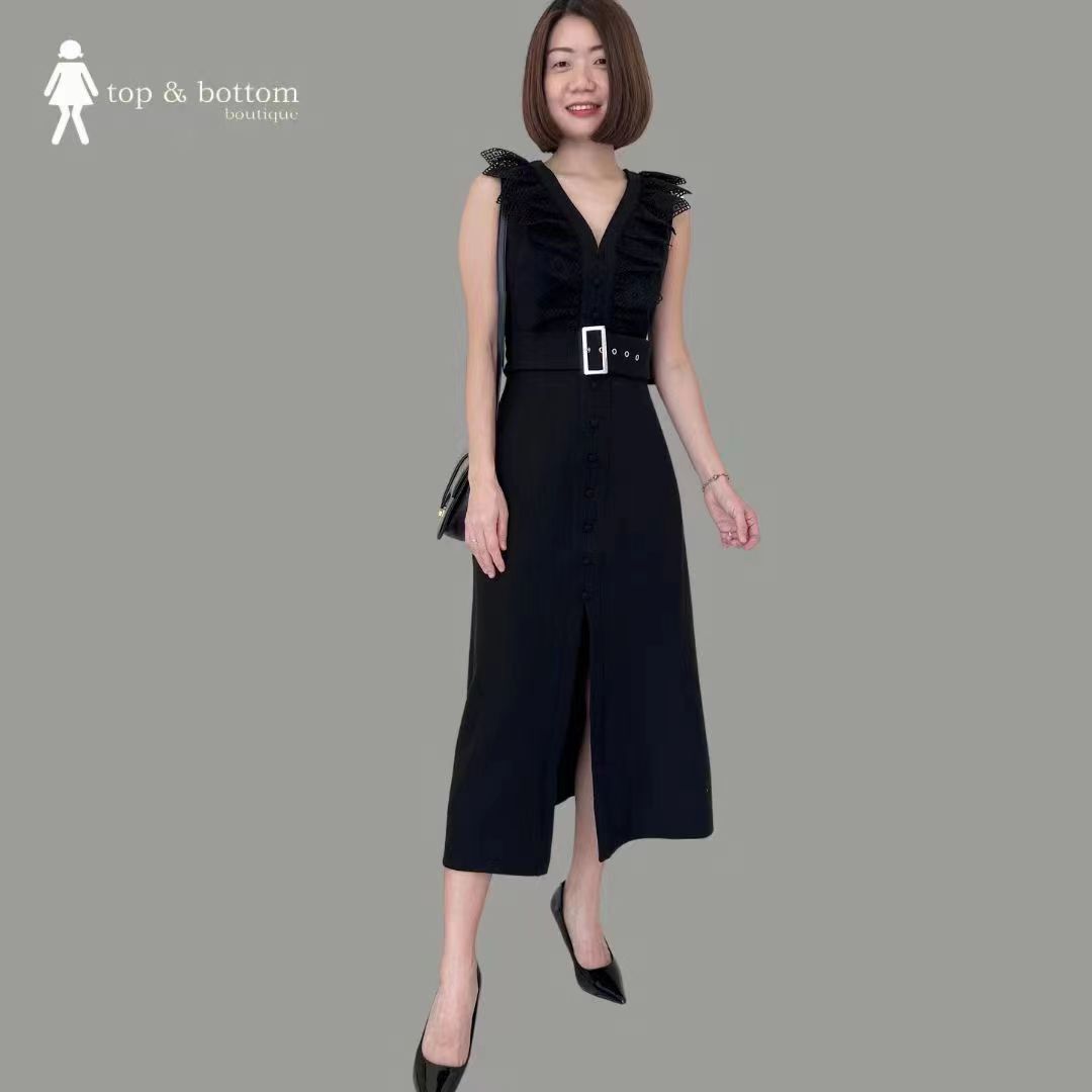 V NECK RUFFLED MIDI DRESS