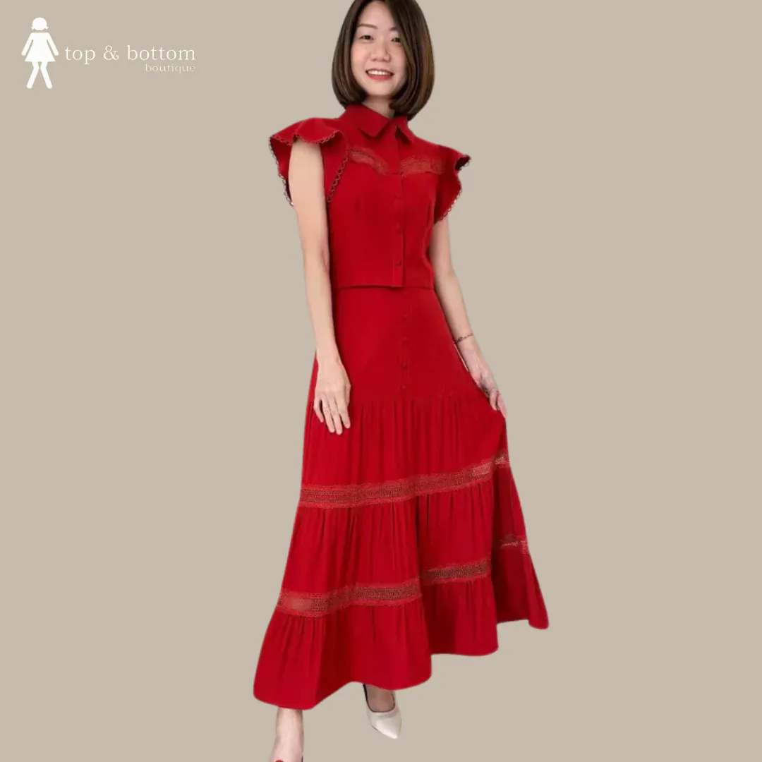 HGIH WAISTED LONG SKIRT WITH COTTON LACE STRIPE