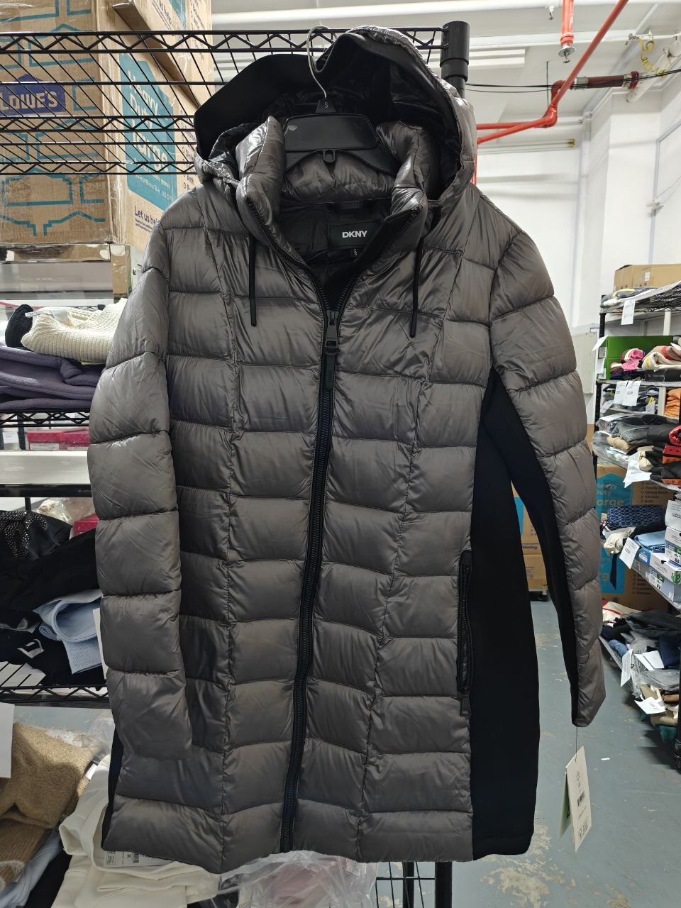 [S] DKNY GRAPHITE BOX QUILT MIXED MEDIA LONG PUFFER JACKET, DLSMPP47-GRE [FINAL SALE] (SD1575)