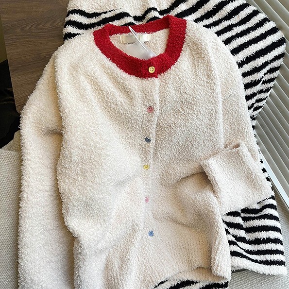 《6350》韓系彩色鈕扣條紋毛絨睡衣套裝