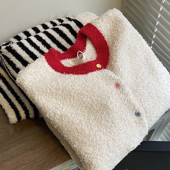 《6350》韓系彩色鈕扣條紋毛絨睡衣套裝