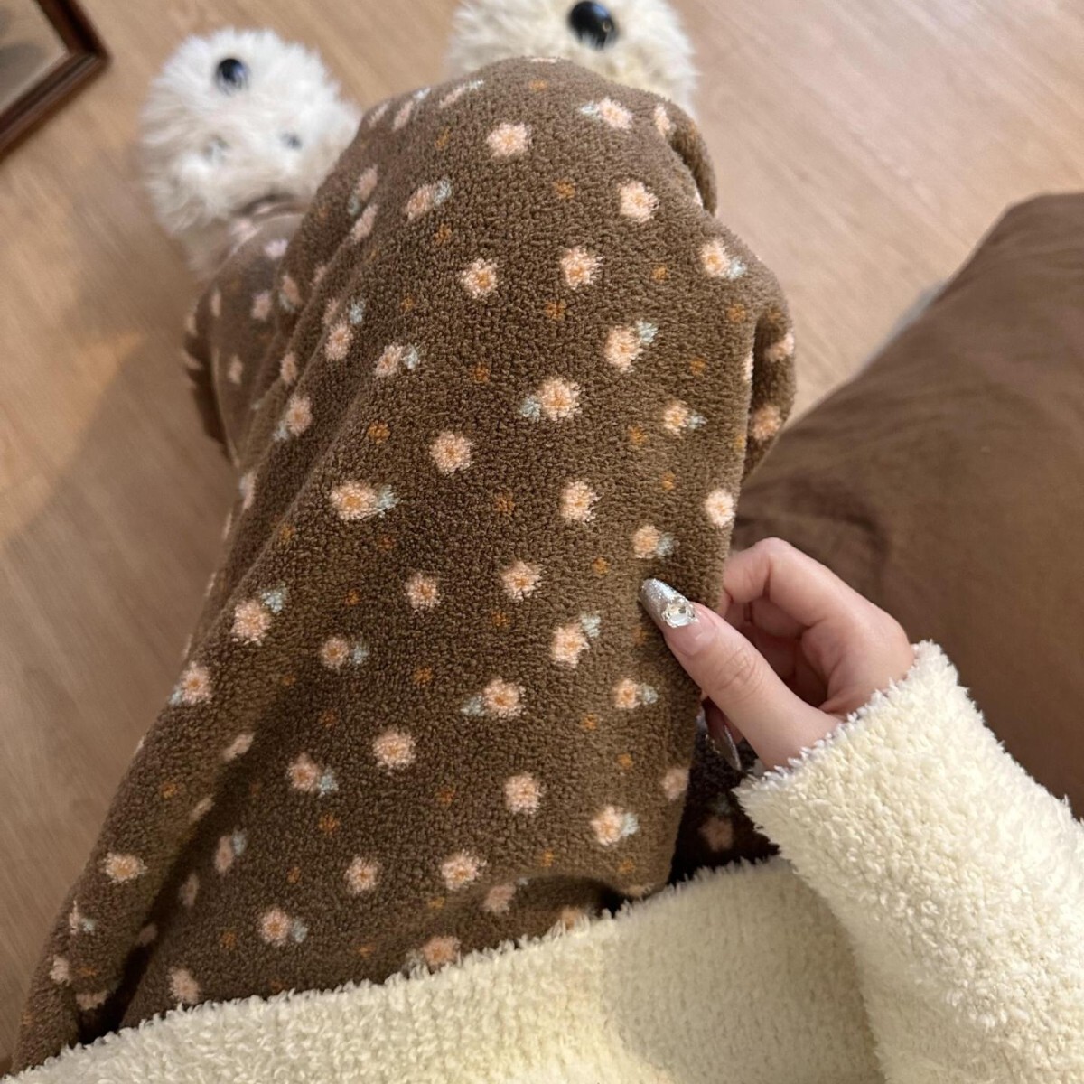 《6351》秋冬加絨棕色小碎花保暖長褲