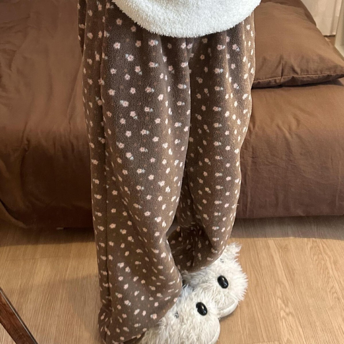 《6351》秋冬加絨棕色小碎花保暖長褲