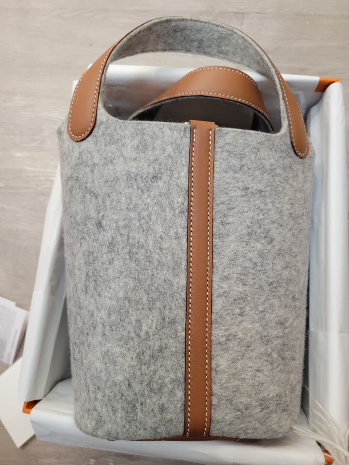 98%NEW HERMES PICOTIN 18 GRIS CLAIR/GOLD CK 羊毛毯 拼 金棕 銀扣
