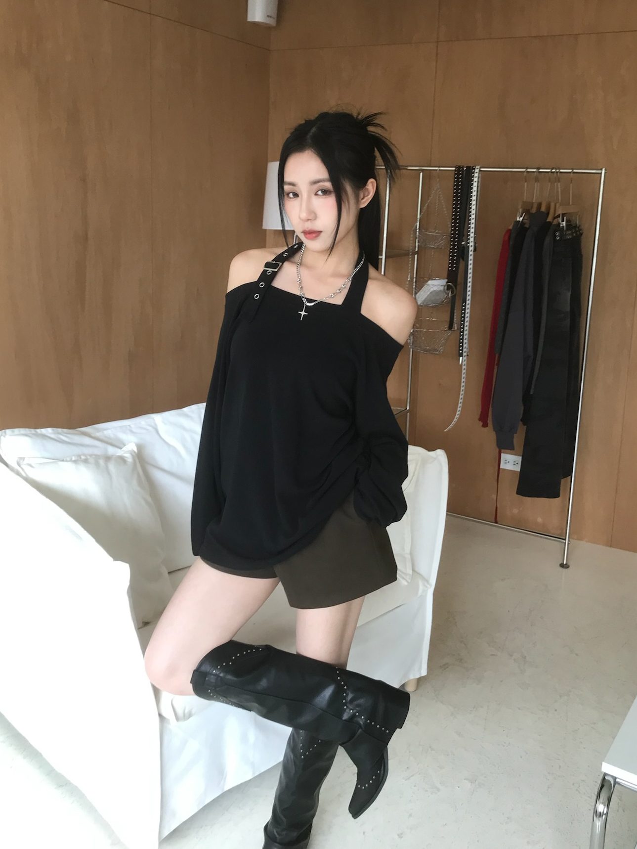 Eyelet Shoulder Tee #上衣