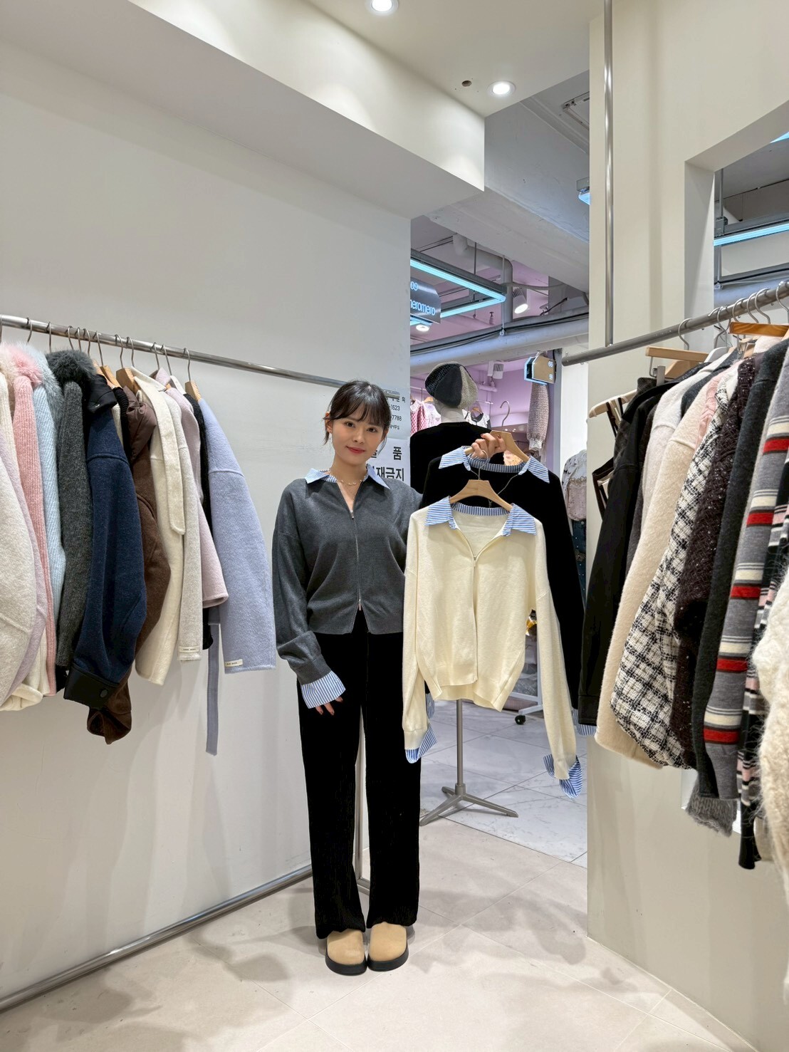 HU5106 假兩件間條Polo領拉鏈上衣