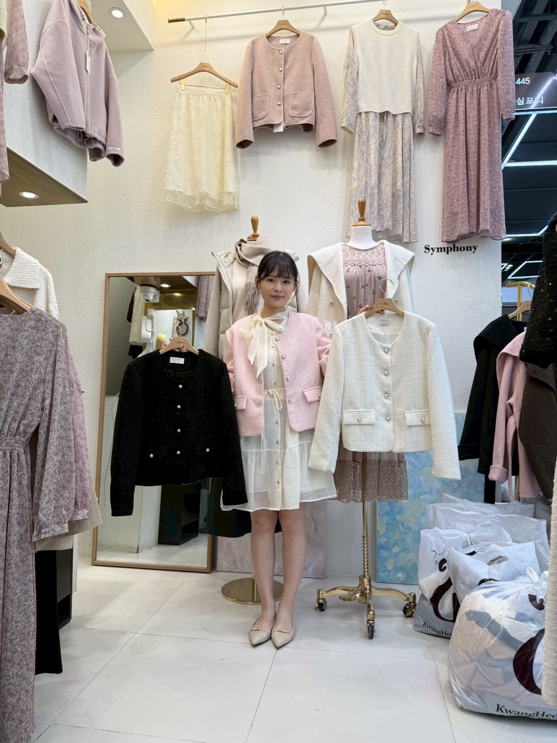 SY5133 Tweed圓領珍珠鈕扣外套