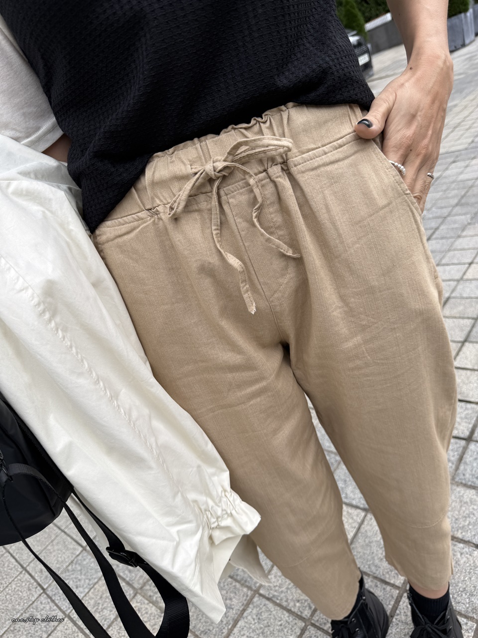 正韓迷人棉麻車線鬆緊休閒褲 (奶茶)
