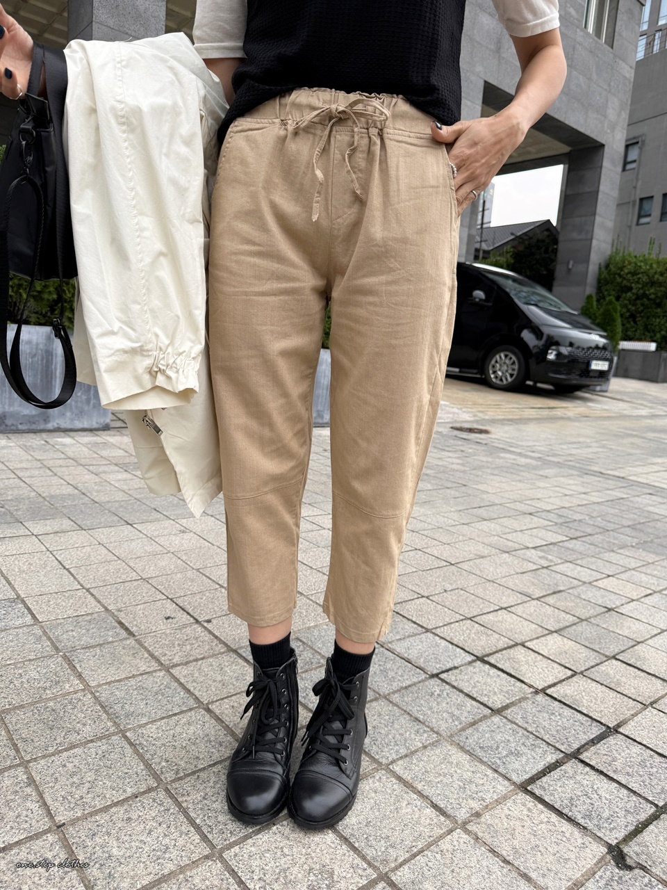 正韓迷人棉麻車線鬆緊休閒褲 (奶茶)