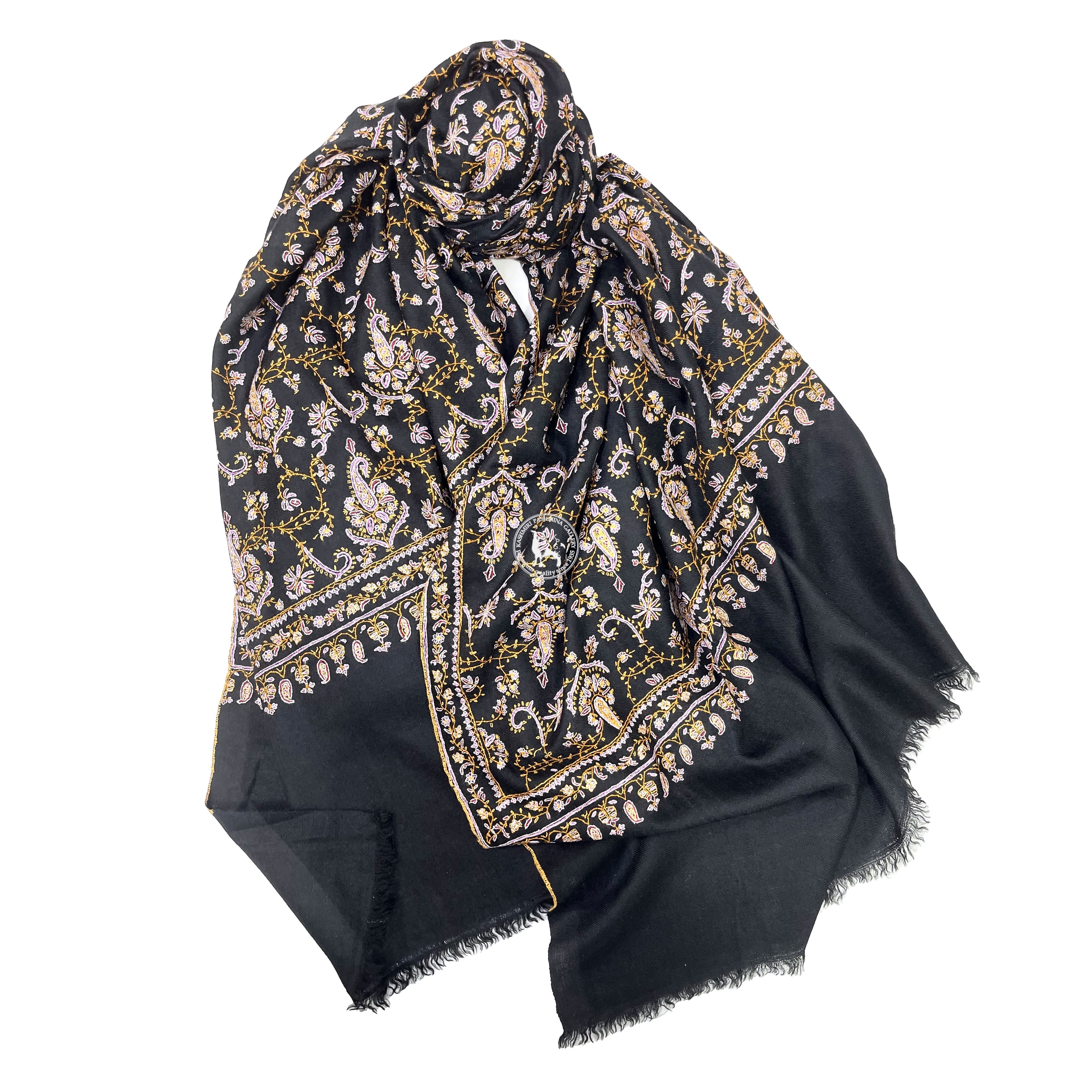 黑色索茲尼刺繡羊絨披肩圍巾