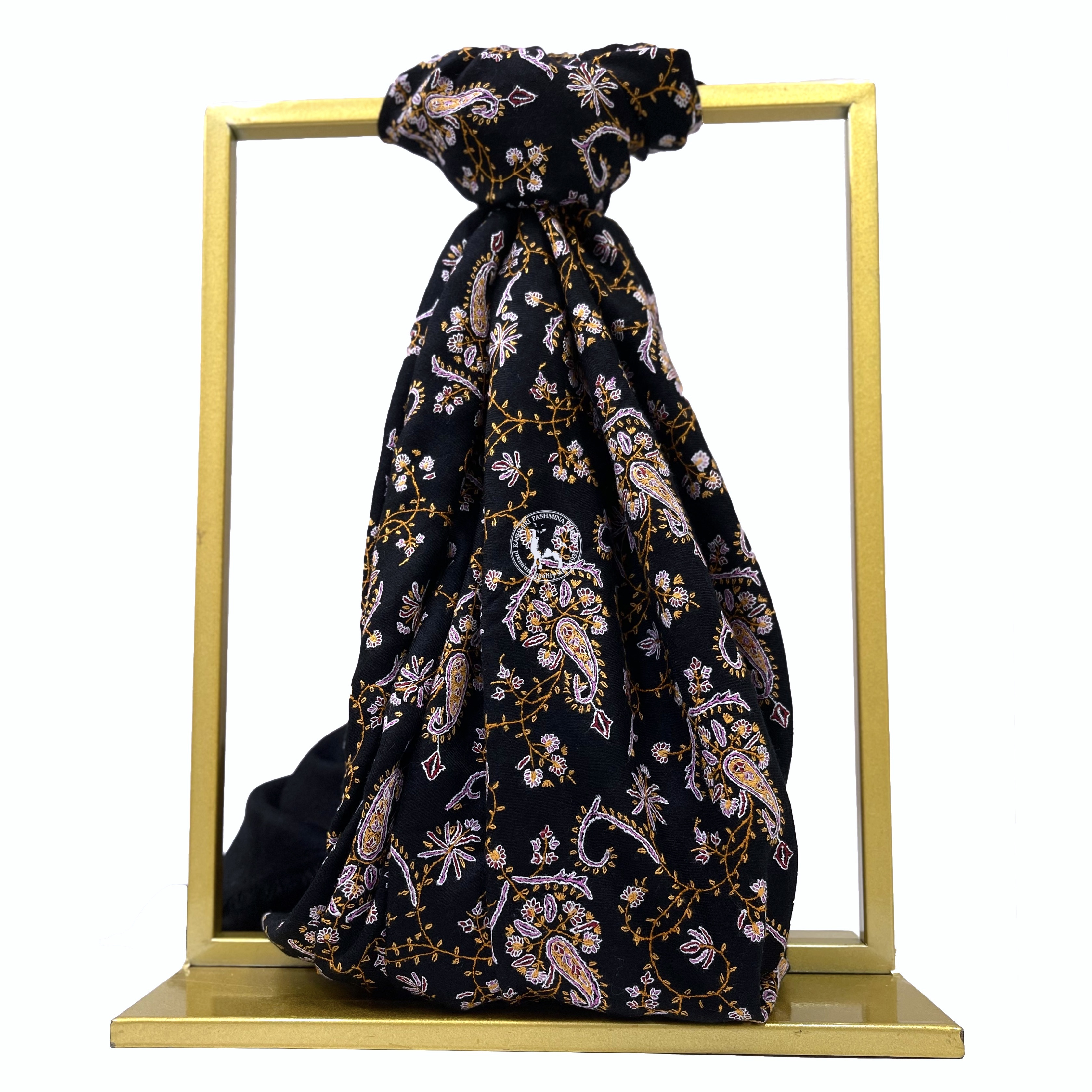 黑色索茲尼刺繡羊絨披肩圍巾